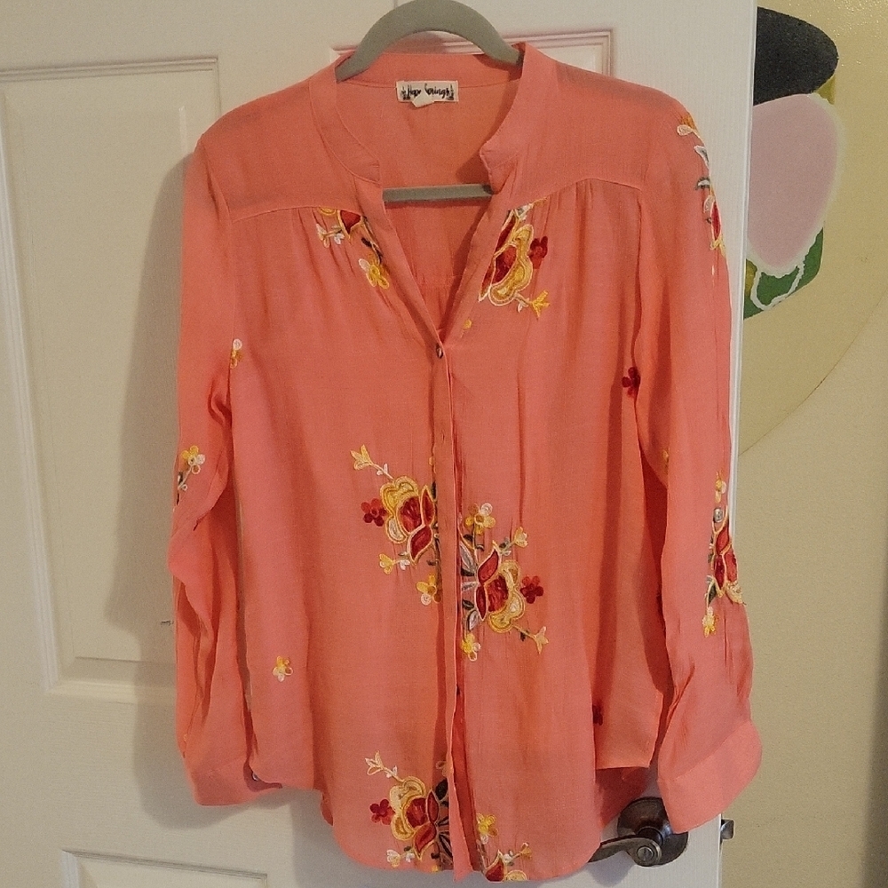 Hope Springs Coral Floral long sleeve button down Embroidered 2pc Blouse, tank